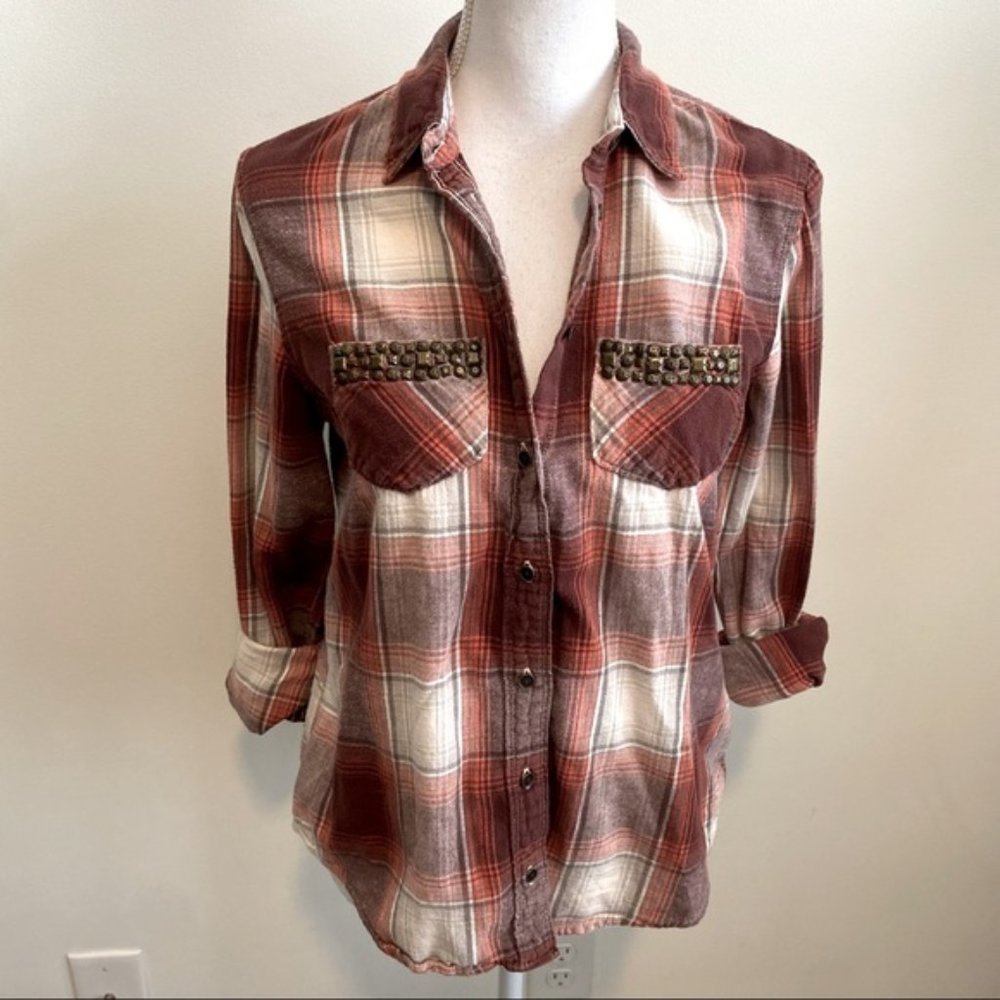 Abercrombie & Fitch Flannel Top With Beaded Pockets